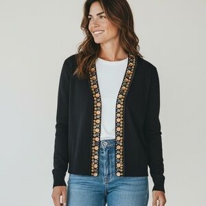 Tory Burch Navy Cardigan with Gold & Cream Beaded Trim